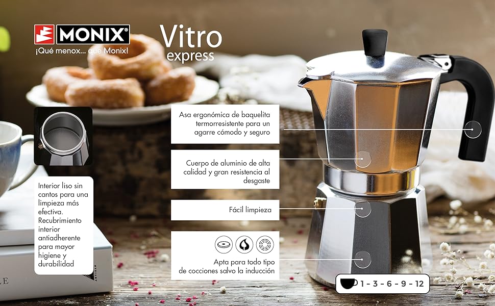 MONIX, Vitro Express, Cafetera, Italiana, Aluminio